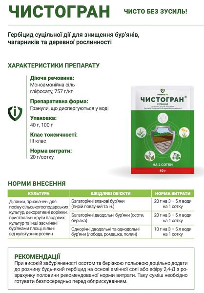 Гербіцид Чистогран 2 кг, моноамонійна сіль гліфосату, ProtectON фото