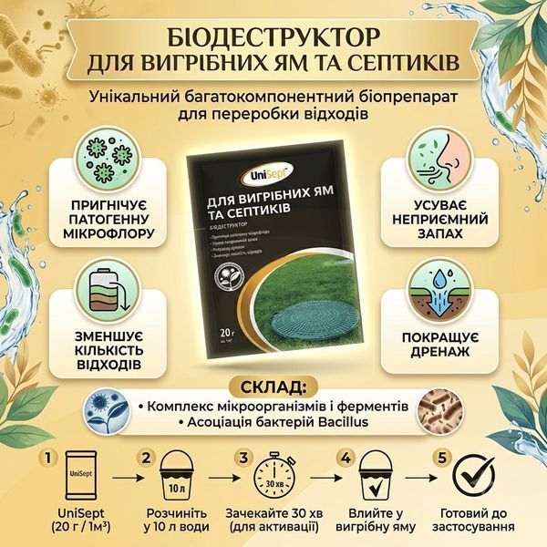 Бактерії для септиків та вигрібних ям UniSept, 20 г фото