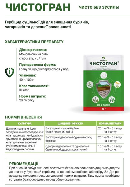 Гербіцид Чистогран 40 г, моноамонійна сіль гліфосату, ProtectON фото